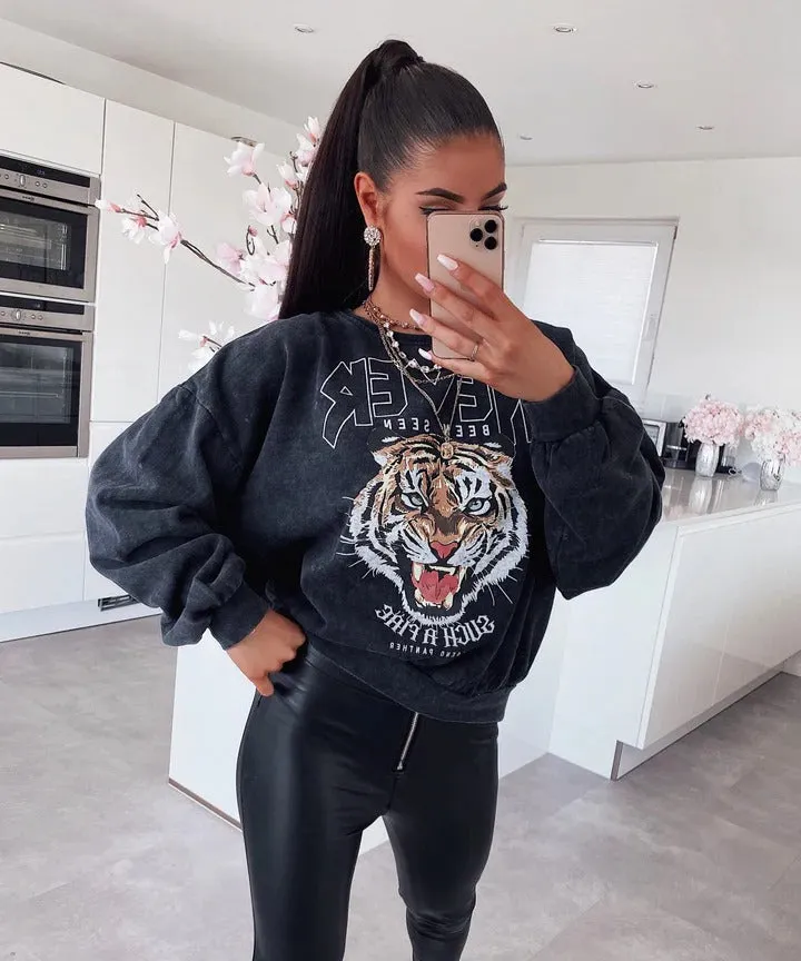 Ladypolitan Tiger print sweatshirt For Her-LSWS-2010 One Size Dark Grey