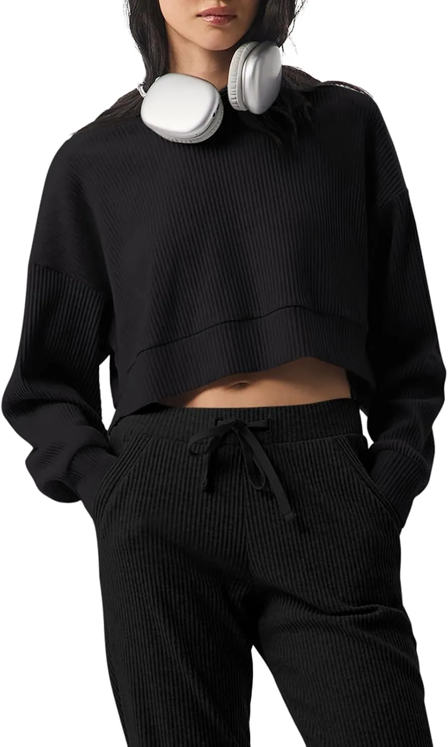LASLULU Womens Loose Long Sleeve Active Crop Tops Athletic Workout Gym Hoodies Sweatshirt Pullover Tops