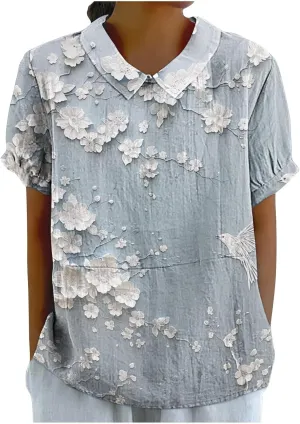 Linen Blouses Button Shirts Top Fresh Gradient Short Sleeved Pullover Top Bathing Suit Cover Up Spring Tops for