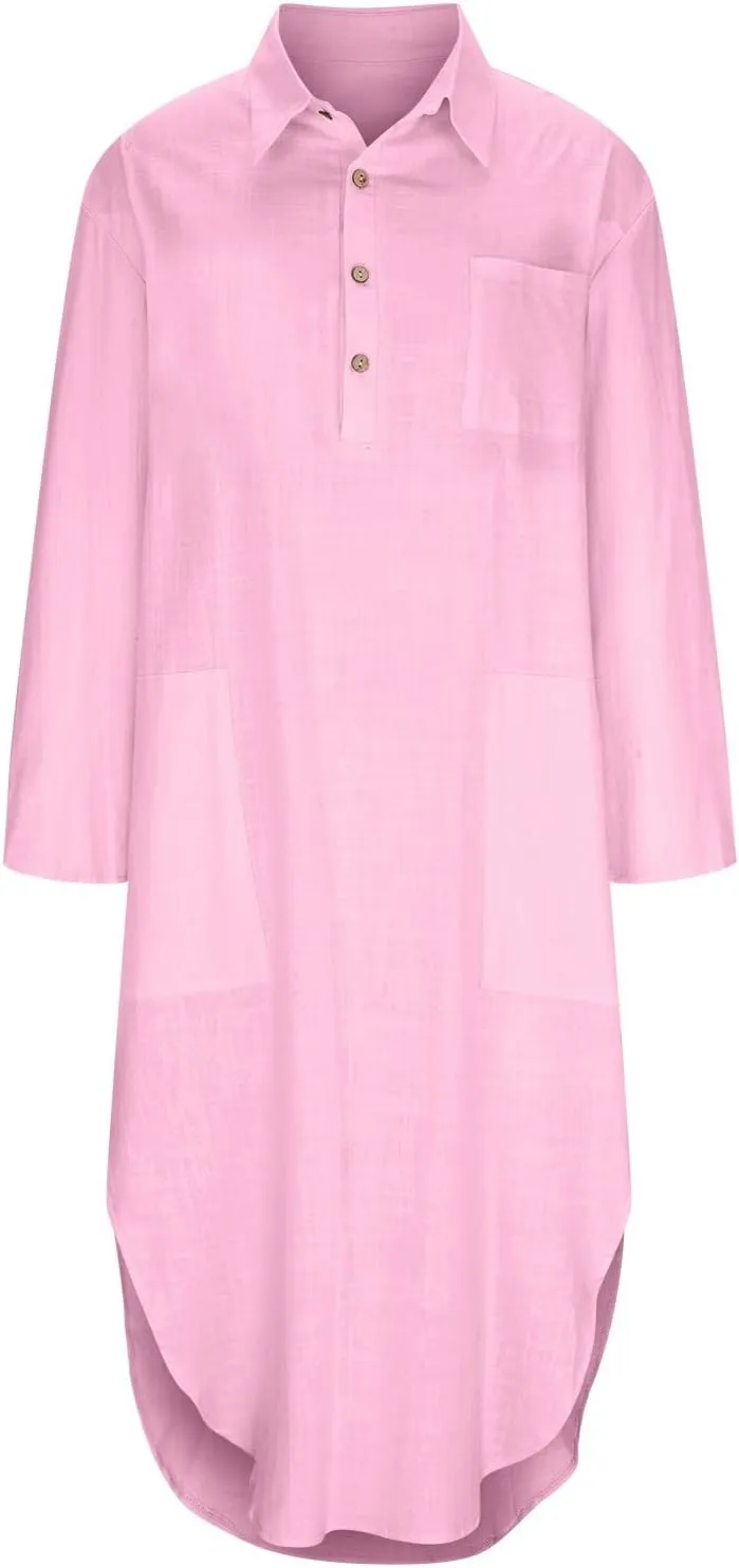 Linen Shirt Dress for Women Button Down Casual Collared Long Sleeve Dress Flowy Summer Vacation Dress with Pockets