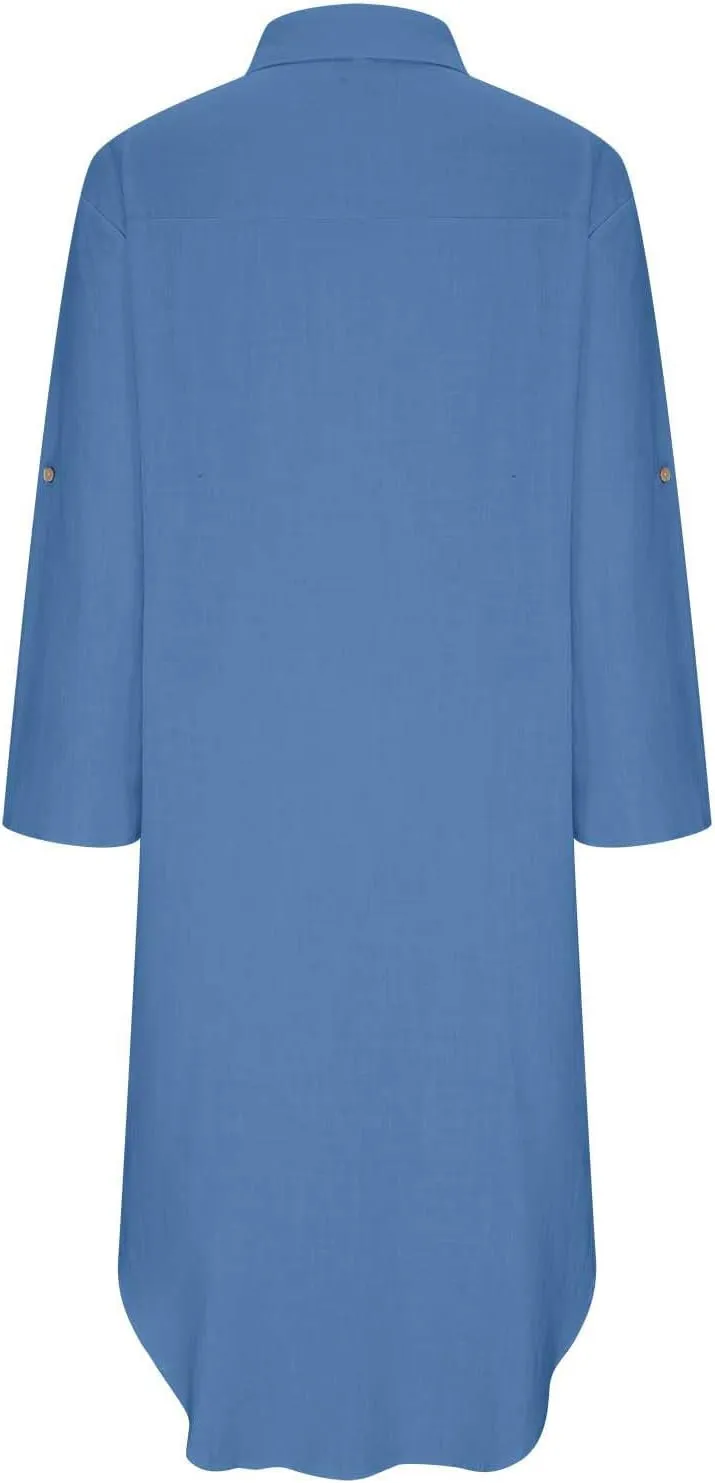 Linen Shirt Dress for Women Button Down Casual Collared Long Sleeve Dress Flowy Summer Vacation Dress with Pockets