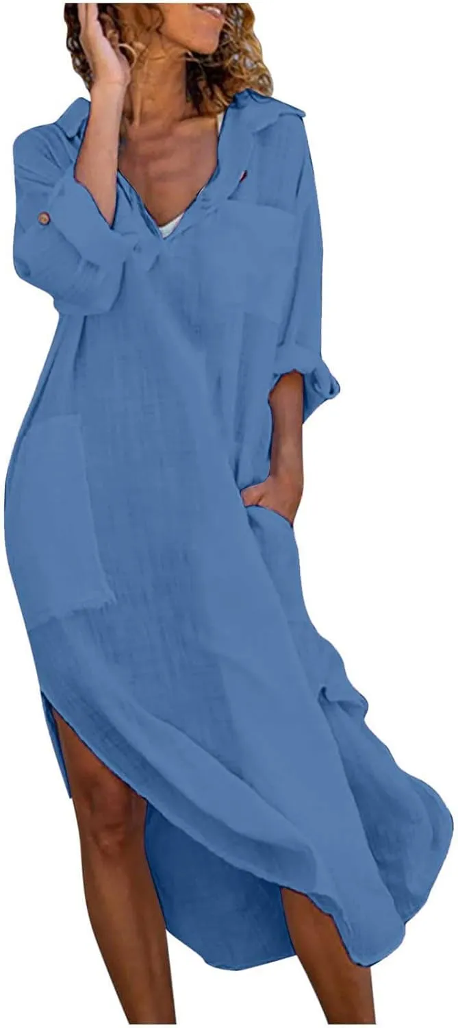 Linen Shirt Dress for Women Button Down Casual Collared Long Sleeve Dress Flowy Summer Vacation Dress with Pockets