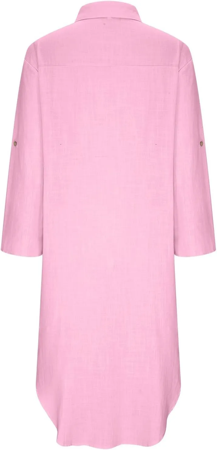 Linen Shirt Dress for Women Button Down Casual Collared Long Sleeve Dress Flowy Summer Vacation Dress with Pockets