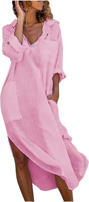 Linen Shirt Dress for Women Button Down Casual Collared Long Sleeve Dress Flowy Summer Vacation Dress with Pockets