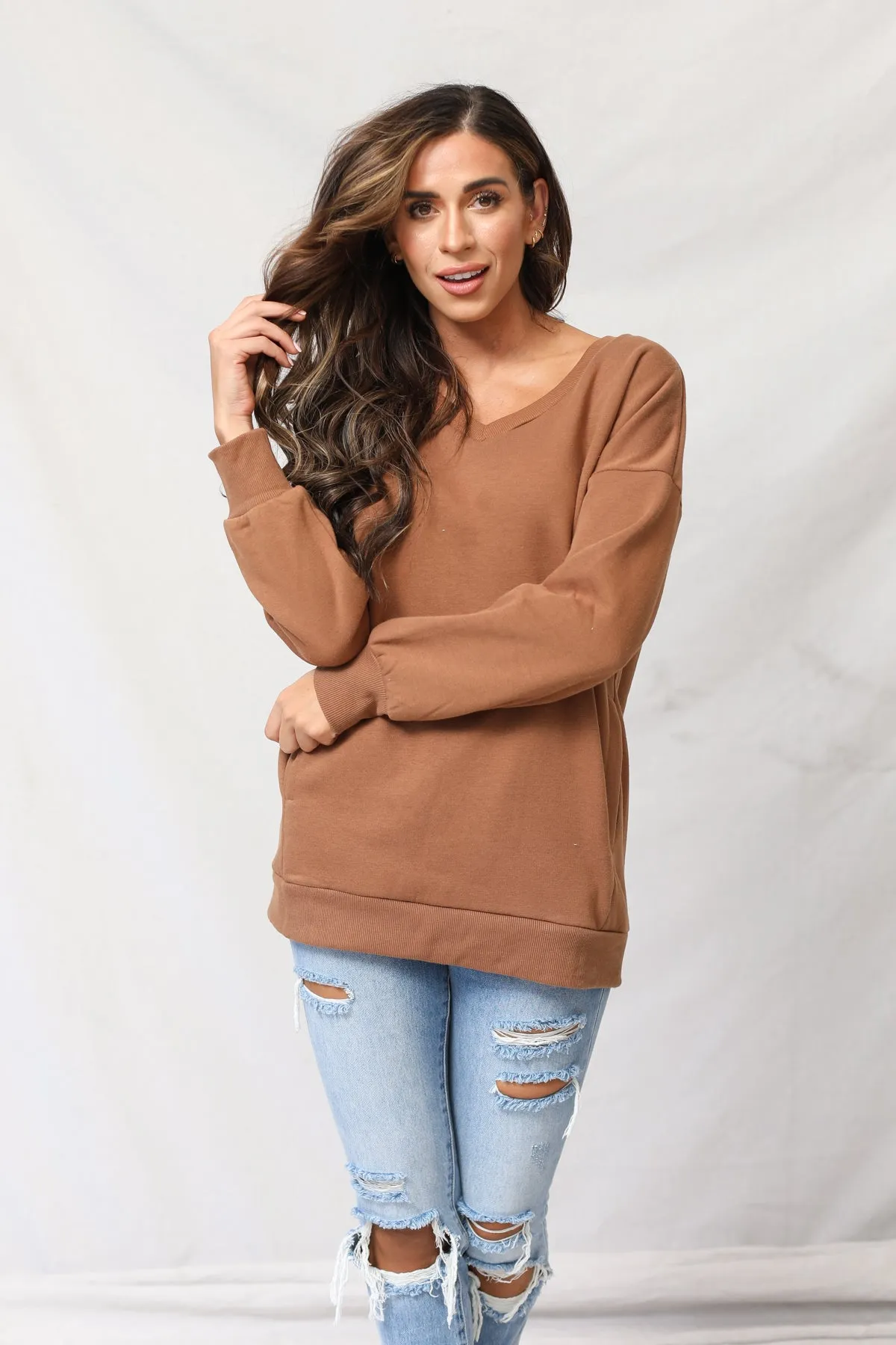 Long Sleeve V-Neck Sweatshirt With Pockets
