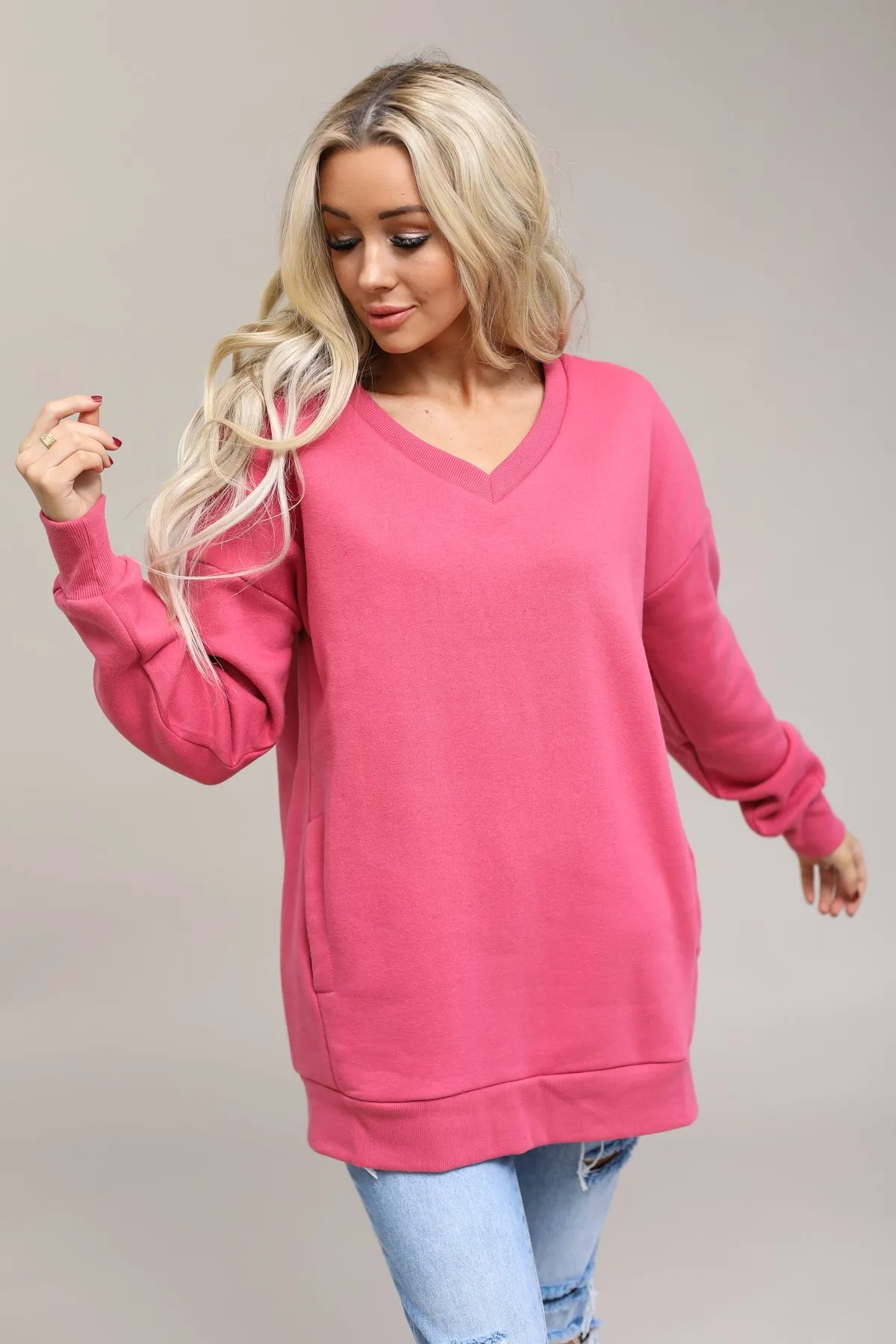 Long Sleeve V-Neck Sweatshirt With Pockets