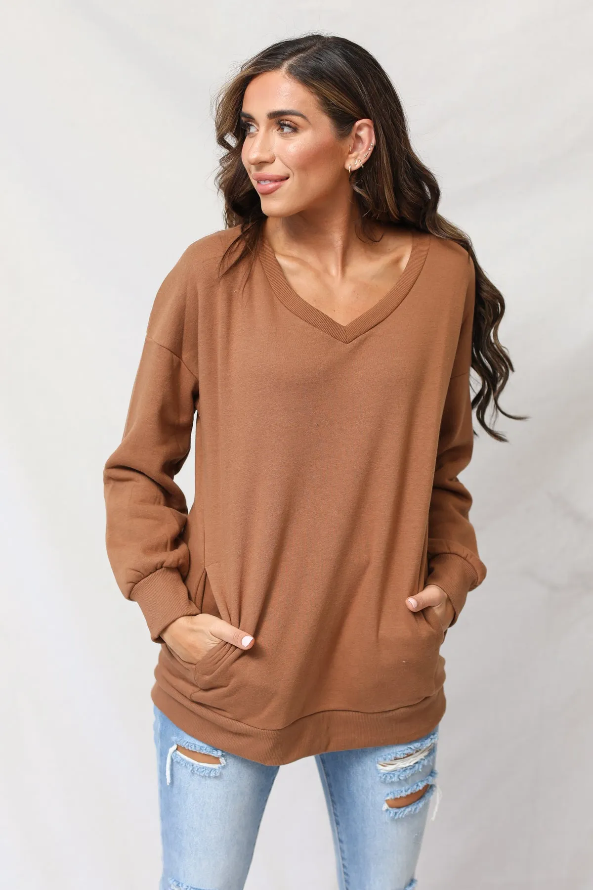 Long Sleeve V-Neck Sweatshirt With Pockets