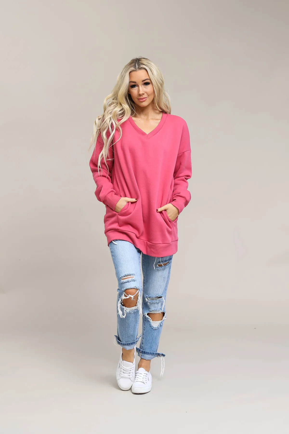 Long Sleeve V-Neck Sweatshirt With Pockets