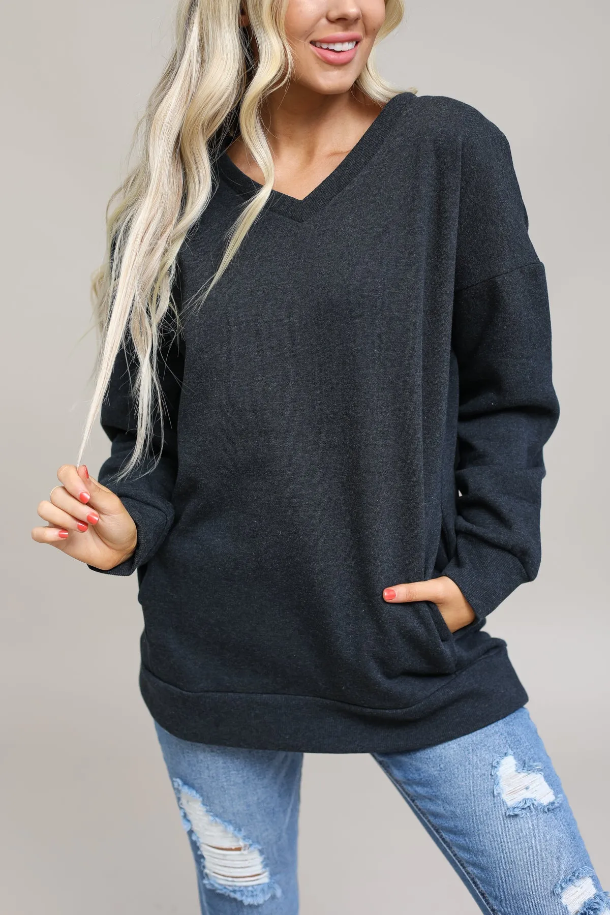 Long Sleeve V-Neck Sweatshirt With Pockets