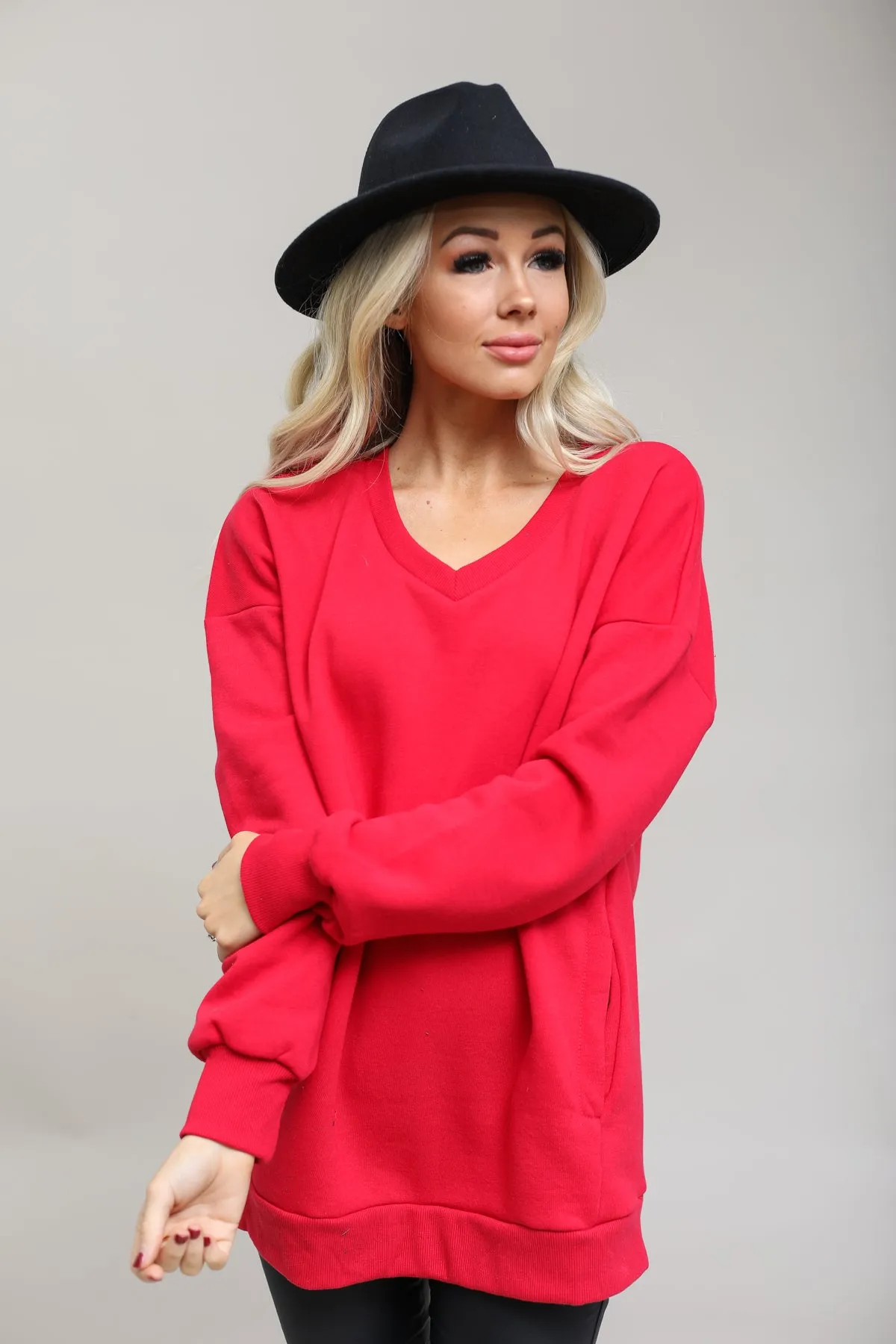 Long Sleeve V-Neck Sweatshirt With Pockets