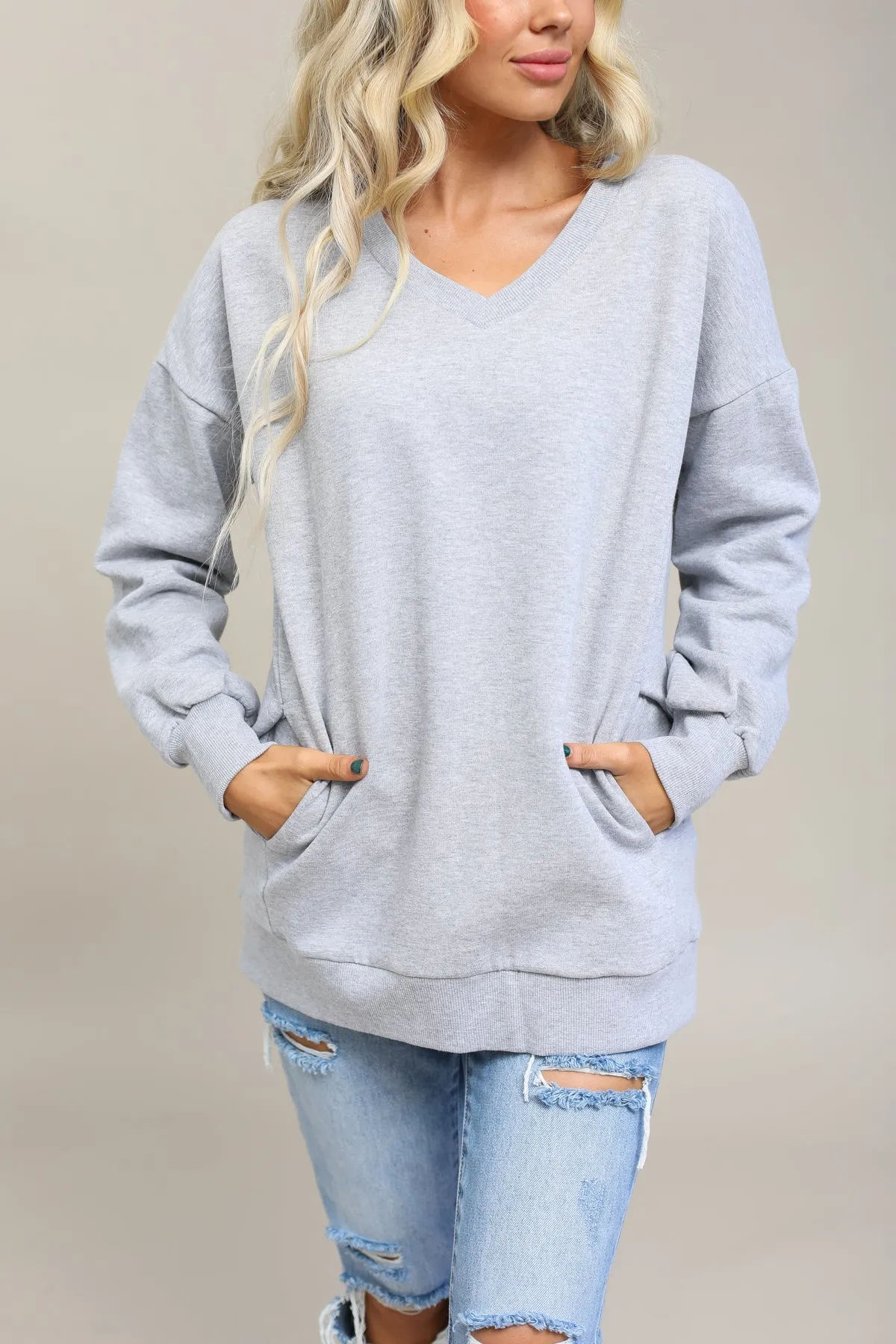 Long Sleeve V-Neck Sweatshirt With Pockets