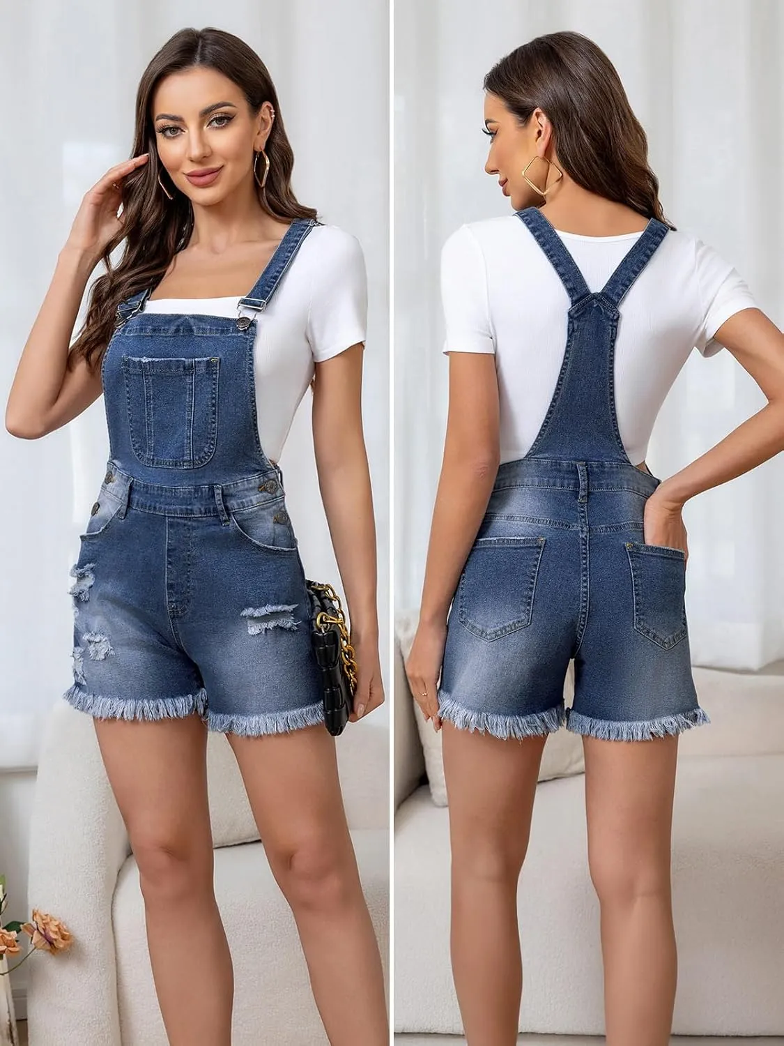 LONGBIDA Women's Overalls Stretch Denim Short Romper Casual Shortalls Summer Jean Shorts Jumpsuits
