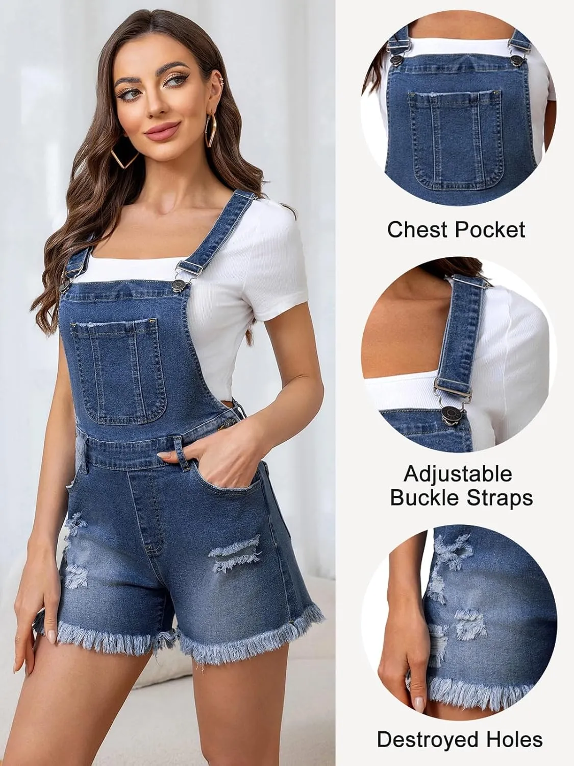 LONGBIDA Women's Overalls Stretch Denim Short Romper Casual Shortalls Summer Jean Shorts Jumpsuits