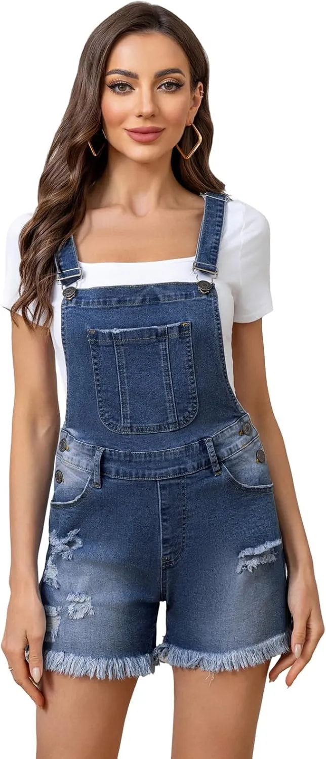 LONGBIDA Women's Overalls Stretch Denim Short Romper Casual Shortalls Summer Jean Shorts Jumpsuits