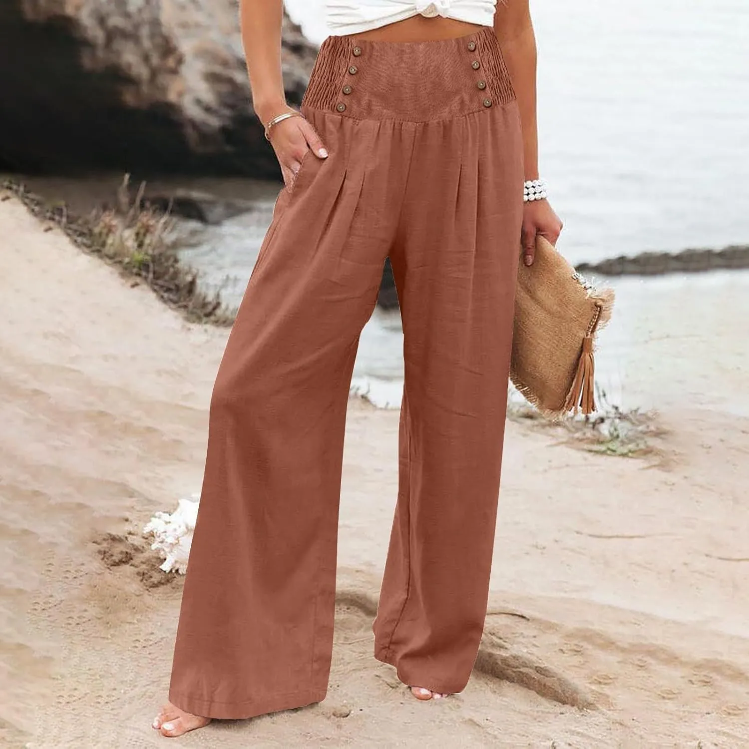 Lounge Pants Plus Size Women Summer Boho Wide Leg High Waist Linen Palazzo Pants 2025 Beach Travel Vacation Trouser