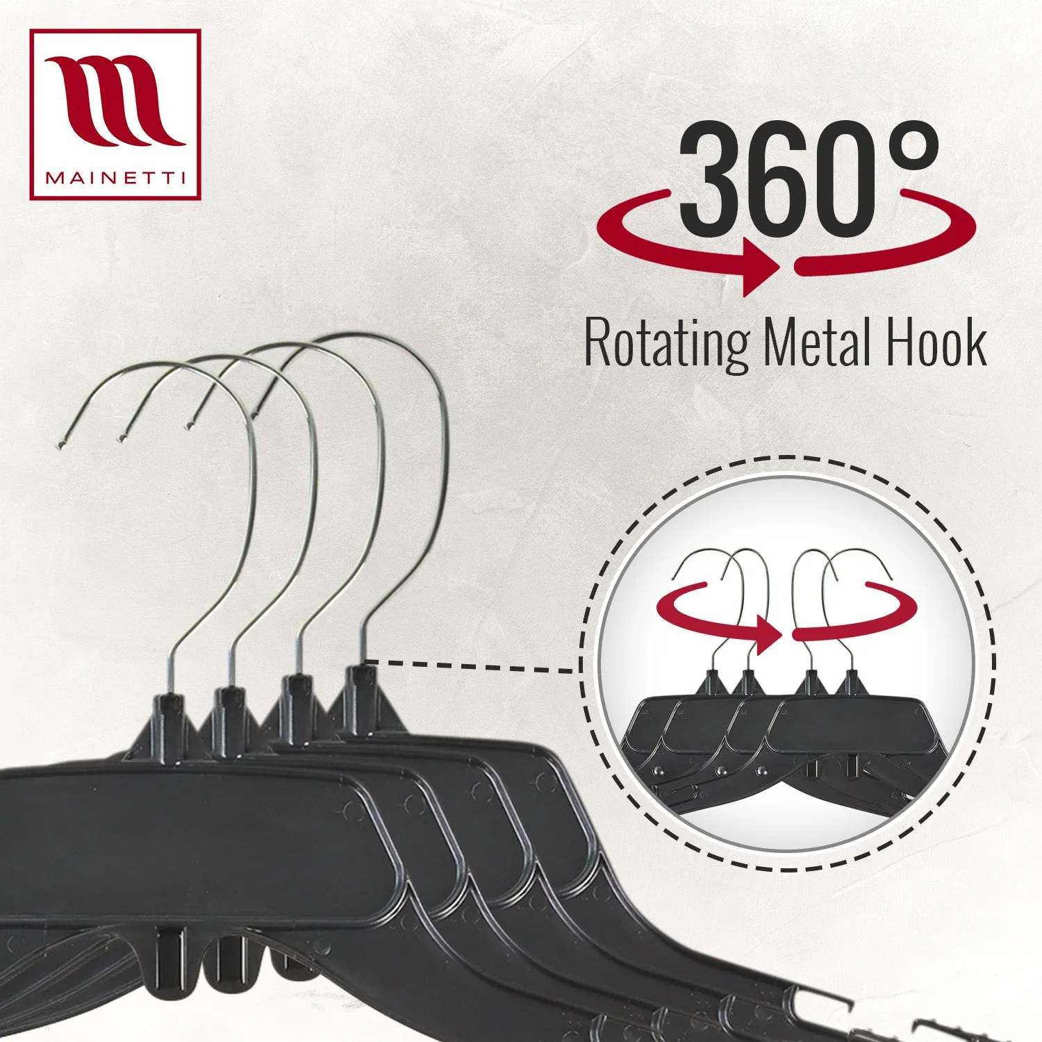 Mainetti 485, 15" Black Plastic, Shirt Top Dress Hangers, with turnable metal hook and notches for straps