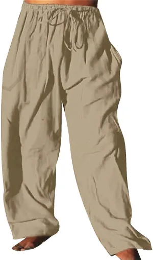 Mens Casual Cotton Linen Pleated Pants Elastic Waist Drawstrings Wide Leg Yoga Hippie Harem Pant Loose Fit Summer Trousers