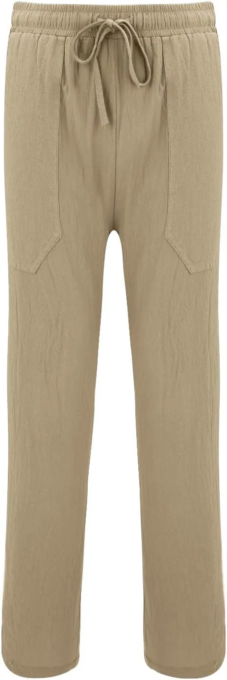Mens Casual Cotton Linen Pleated Pants Elastic Waist Drawstrings Wide Leg Yoga Hippie Harem Pant Loose Fit Summer Trousers