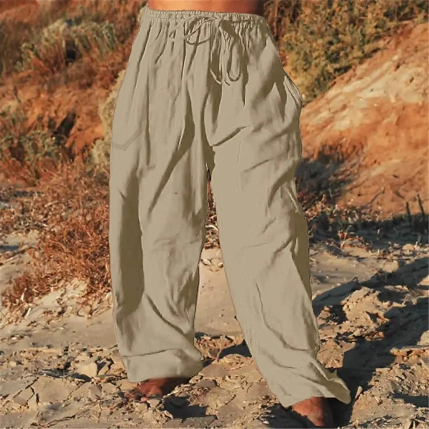 Mens Casual Cotton Linen Pleated Pants Elastic Waist Drawstrings Wide Leg Yoga Hippie Harem Pant Loose Fit Summer Trousers