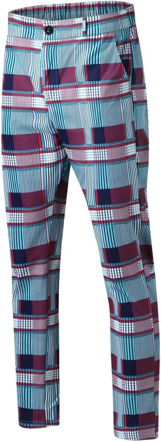 Men's Slim Fit Dress Pants Chinos Stretch Flat-Front Dress Pants Plaid Skinny Business Trousers Pencil Pants