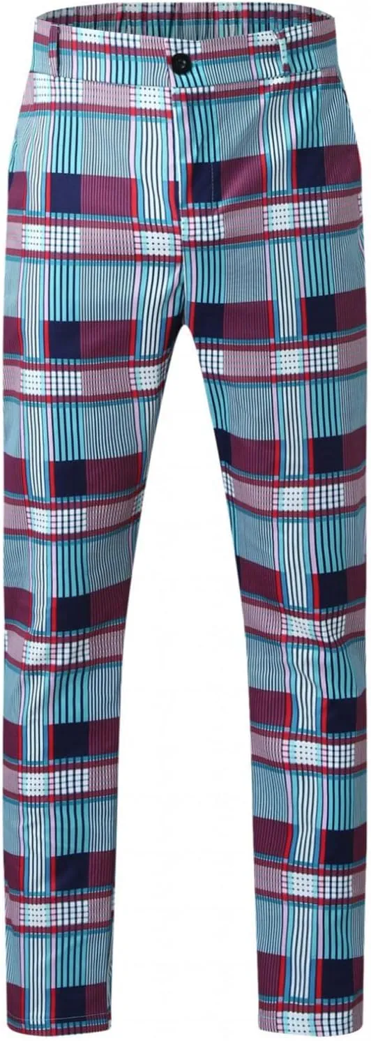 Men's Slim Fit Dress Pants Chinos Stretch Flat-Front Dress Pants Plaid Skinny Business Trousers Pencil Pants