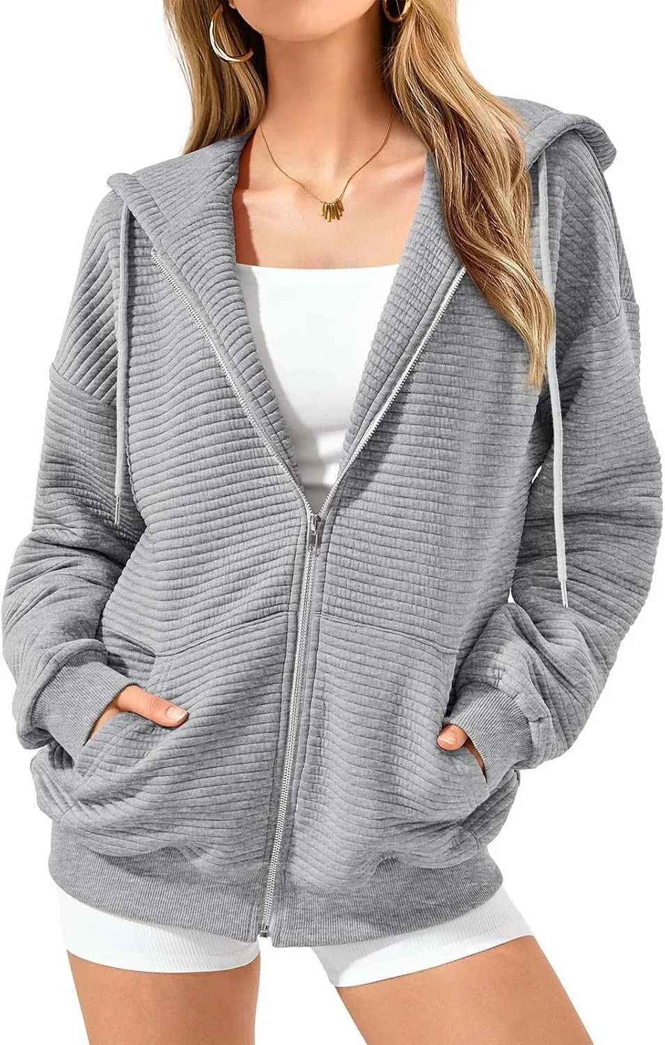NaRHbrg Oversized Hoodies for Women Full Zip Up Long Sleeve Sweatshirts Casual Waffle Knit Drawstring Pullover Jackets Coat