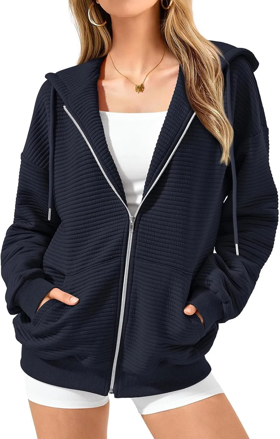 NaRHbrg Oversized Hoodies for Women Full Zip Up Long Sleeve Sweatshirts Casual Waffle Knit Drawstring Pullover Jackets Coat