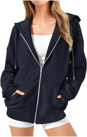 NaRHbrg Oversized Hoodies for Women Full Zip Up Long Sleeve Sweatshirts Casual Waffle Knit Drawstring Pullover Jackets Coat