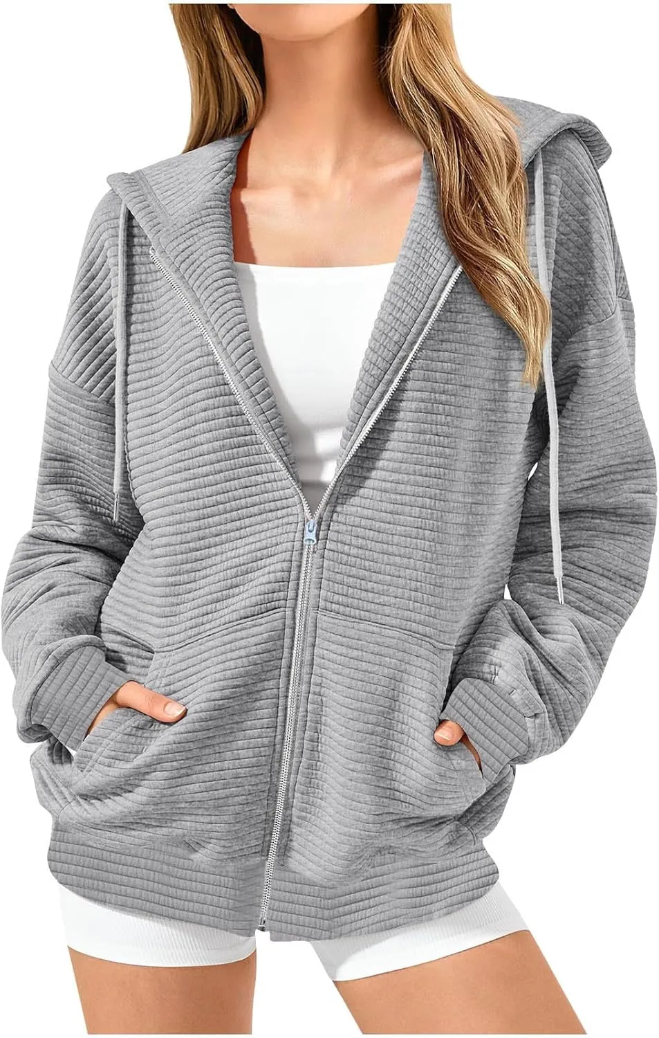 NaRHbrg Oversized Hoodies for Women Full Zip Up Long Sleeve Sweatshirts Casual Waffle Knit Drawstring Pullover Jackets Coat