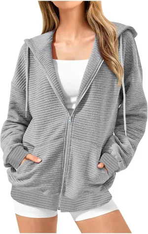 NaRHbrg Oversized Hoodies for Women Full Zip Up Long Sleeve Sweatshirts Casual Waffle Knit Drawstring Pullover Jackets Coat