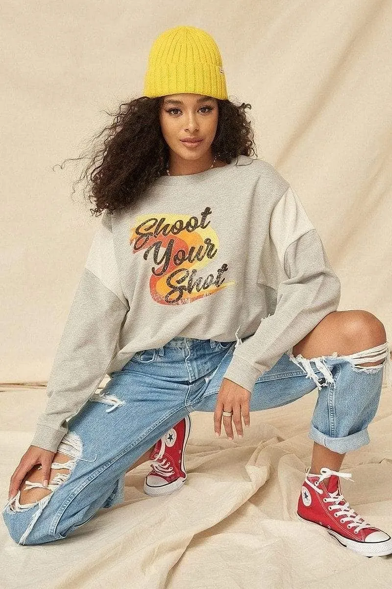 Oatmeal Long Sleeve Shoot Your Shot Graphic Printed Sweatshirt