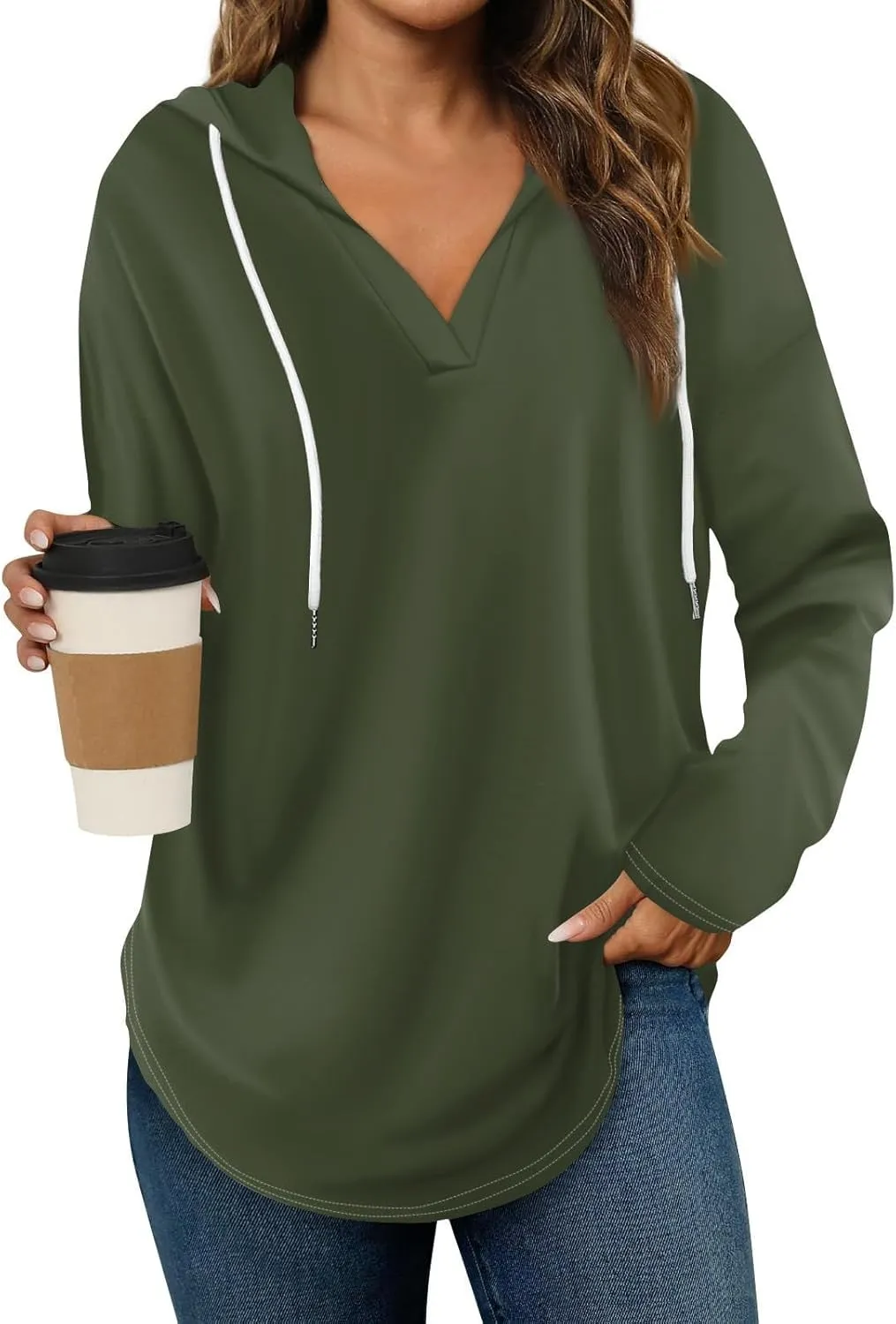 Oversized V Neck Hoodie for Women Long Sleeve Shirts Loose Fit Tunic Tops Tshirts Soft Cmofy Blouse Solid Tees