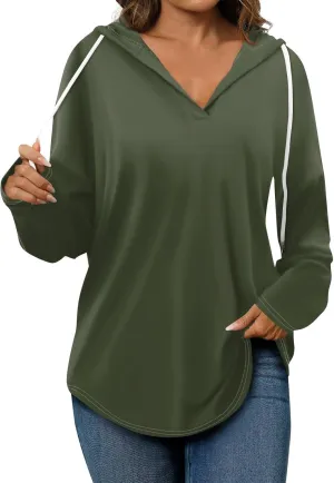Oversized V Neck Hoodie for Women Long Sleeve Shirts Loose Fit Tunic Tops Tshirts Soft Cmofy Blouse Solid Tees
