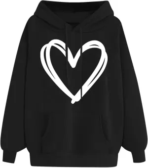 Oversized Women's Hoodies Print Love Heart 2024 Fashion Drawstring Long Sleeve Solid Pullover Sweatshirt with Pockets
