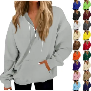 Oversized Zip Up Hoodie Women Fleece Quarter Zip Pullover Sweatshirts Casual Long Sleeve Top Fall Clothes w/Pockets