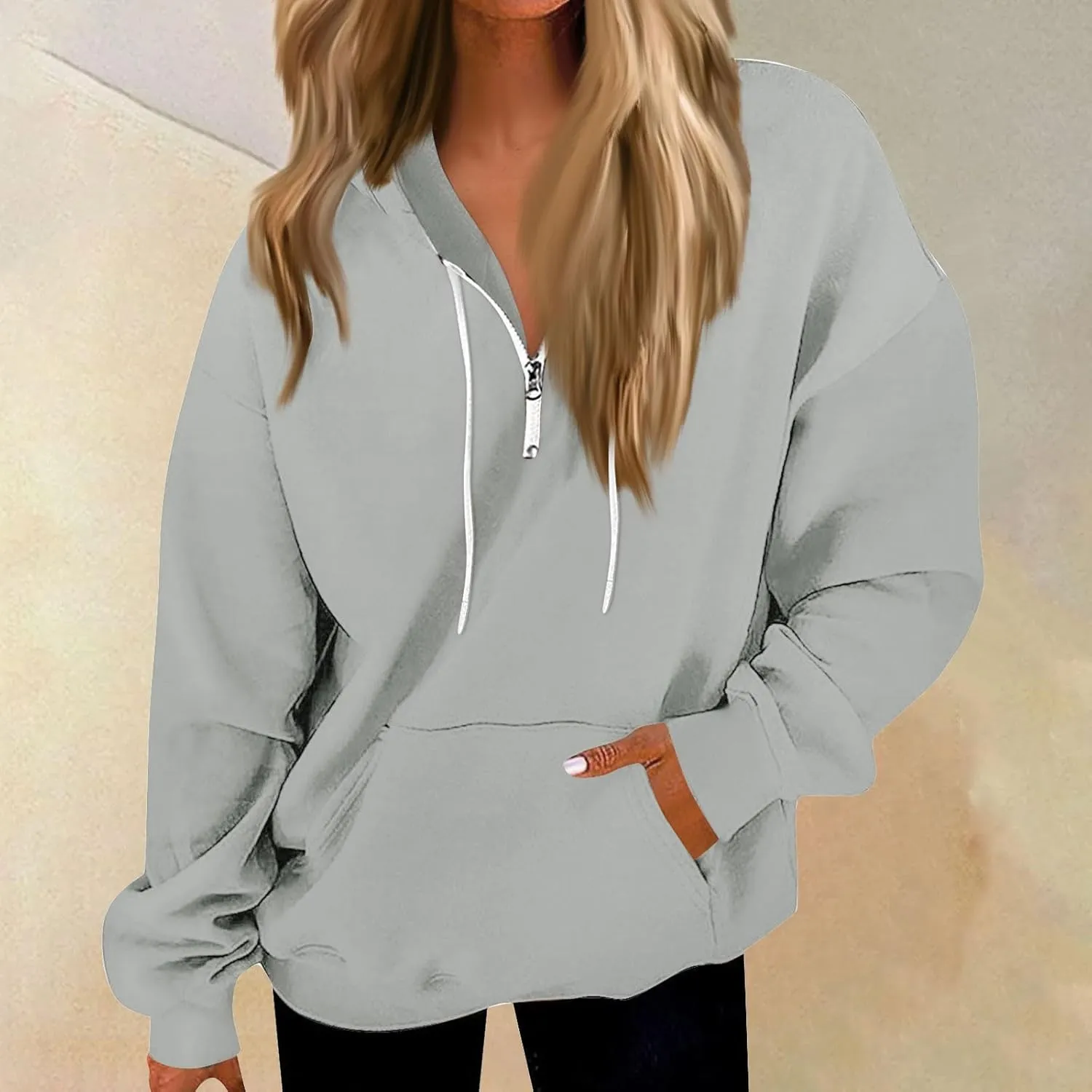 Oversized Zip Up Hoodie Women Fleece Quarter Zip Pullover Sweatshirts Casual Long Sleeve Top Fall Clothes w/Pockets