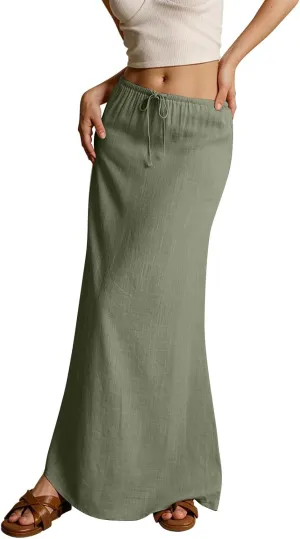 Pencil Skirt for Women Cotton Linen Summer Skirts Trendy Elastic Waist Drawstring Long Skirts for Beach Vacation