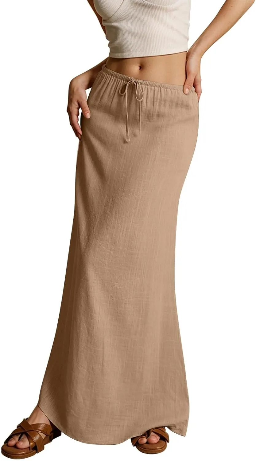 Pencil Skirt for Women Cotton Linen Summer Skirts Trendy Elastic Waist Drawstring Long Skirts for Beach Vacation