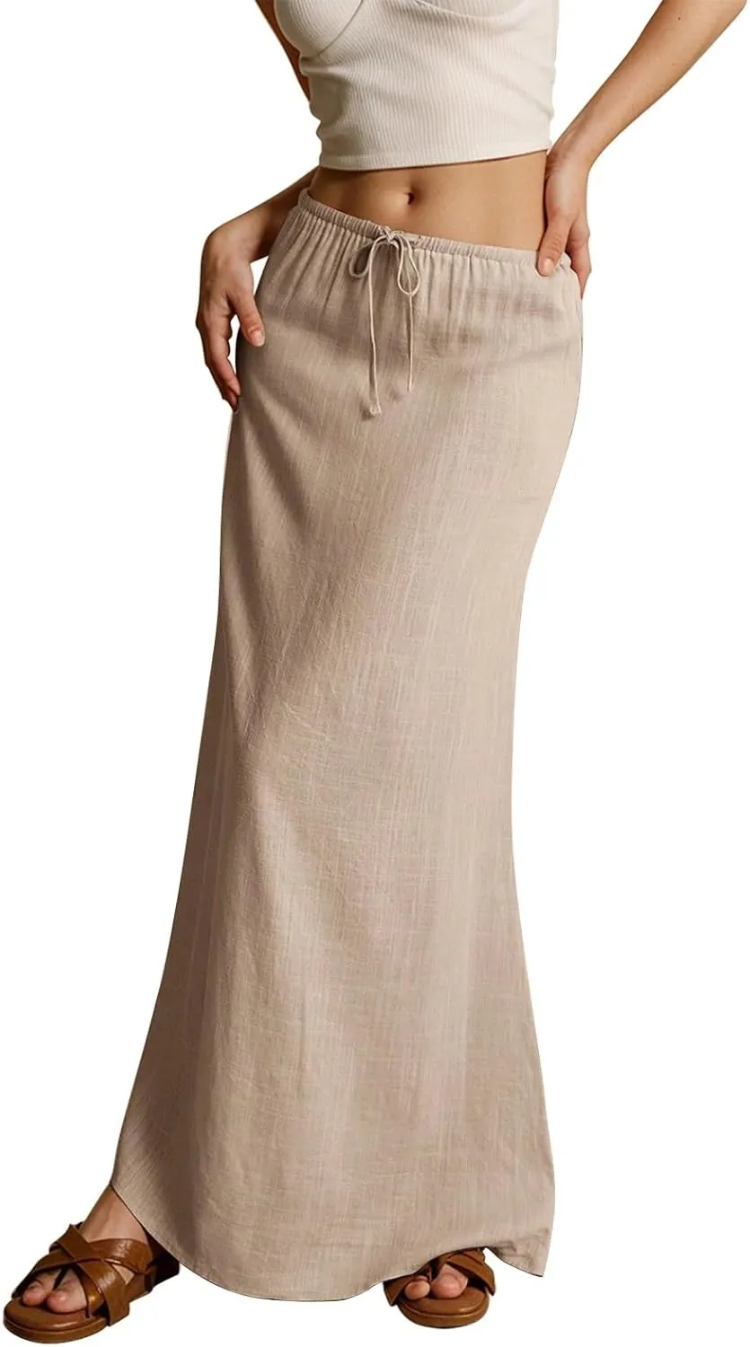 Pencil Skirt for Women Cotton Linen Summer Skirts Trendy Elastic Waist Drawstring Long Skirts for Beach Vacation