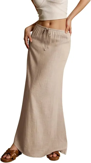 Pencil Skirt for Women Cotton Linen Summer Skirts Trendy Elastic Waist Drawstring Long Skirts for Beach Vacation