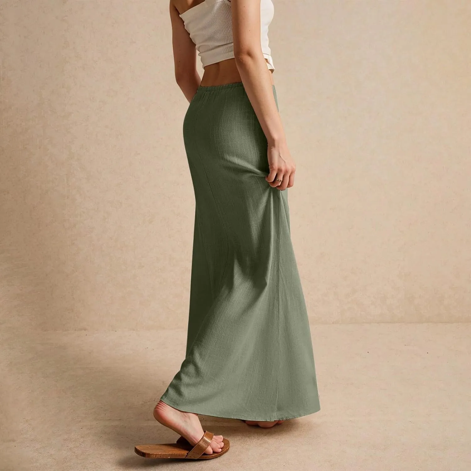 Pencil Skirt for Women Cotton Linen Summer Skirts Trendy Elastic Waist Drawstring Long Skirts for Beach Vacation