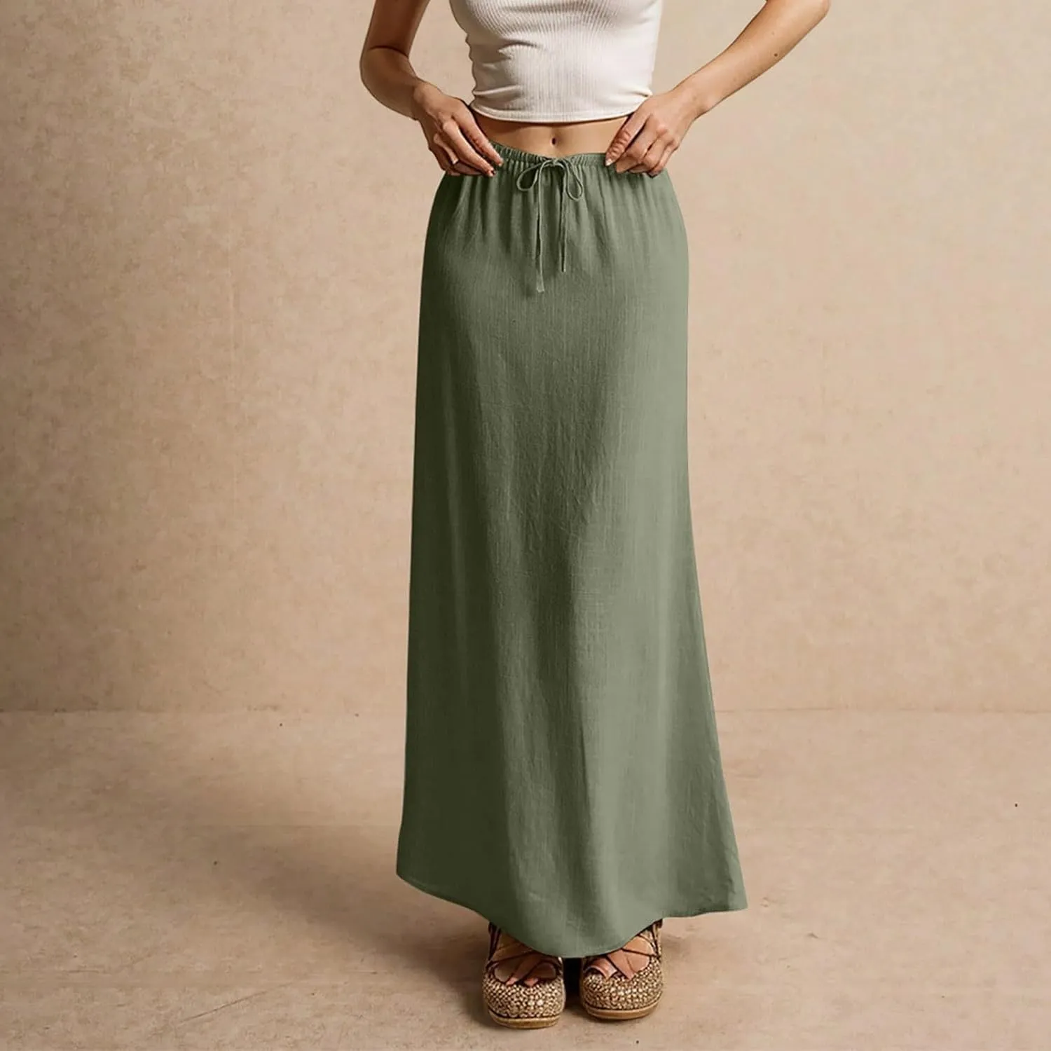 Pencil Skirt for Women Cotton Linen Summer Skirts Trendy Elastic Waist Drawstring Long Skirts for Beach Vacation