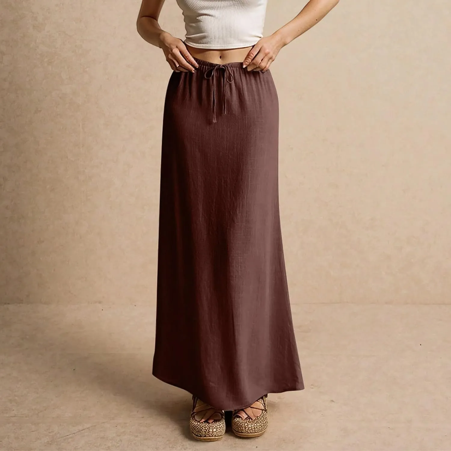 Pencil Skirt for Women Cotton Linen Summer Skirts Trendy Elastic Waist Drawstring Long Skirts for Beach Vacation