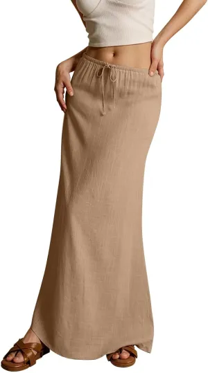 Pencil Skirt for Women Cotton Linen Summer Skirts Trendy Elastic Waist Drawstring Long Skirts for Beach Vacation