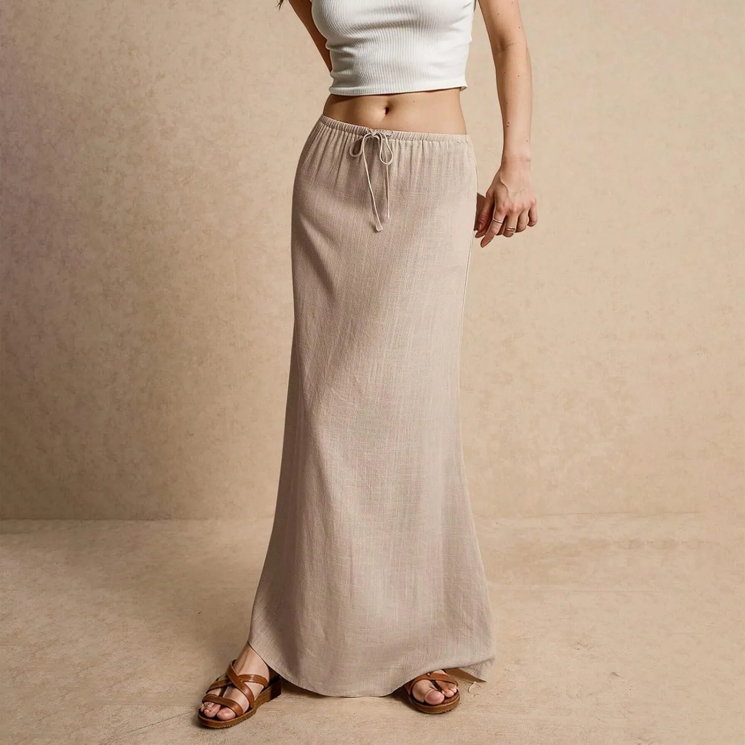 Pencil Skirt for Women Cotton Linen Summer Skirts Trendy Elastic Waist Drawstring Long Skirts for Beach Vacation