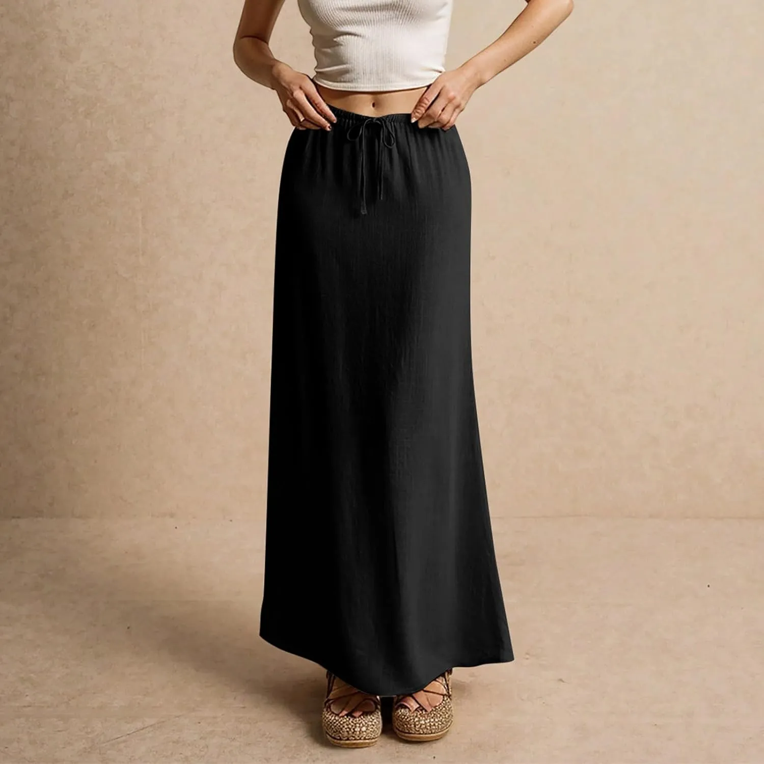 Pencil Skirt for Women Cotton Linen Summer Skirts Trendy Elastic Waist Drawstring Long Skirts for Beach Vacation