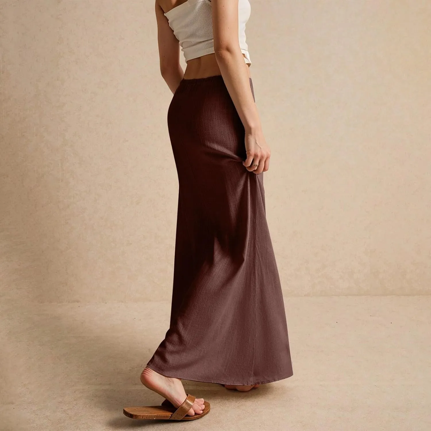 Pencil Skirt for Women Cotton Linen Summer Skirts Trendy Elastic Waist Drawstring Long Skirts for Beach Vacation