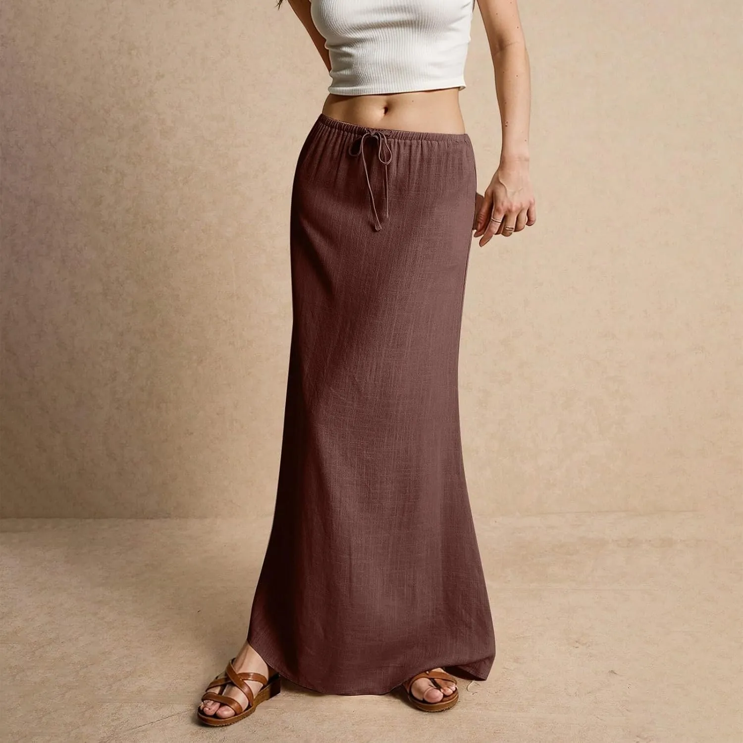 Pencil Skirt for Women Cotton Linen Summer Skirts Trendy Elastic Waist Drawstring Long Skirts for Beach Vacation