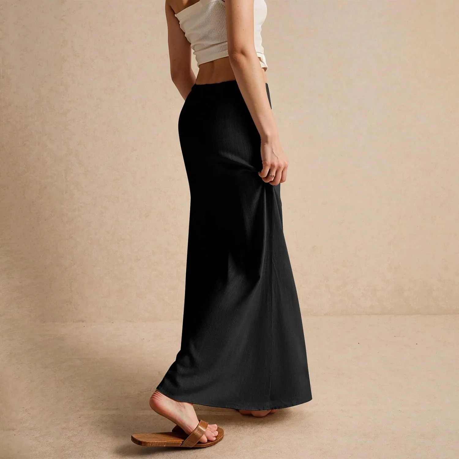 Pencil Skirt for Women Cotton Linen Summer Skirts Trendy Elastic Waist Drawstring Long Skirts for Beach Vacation