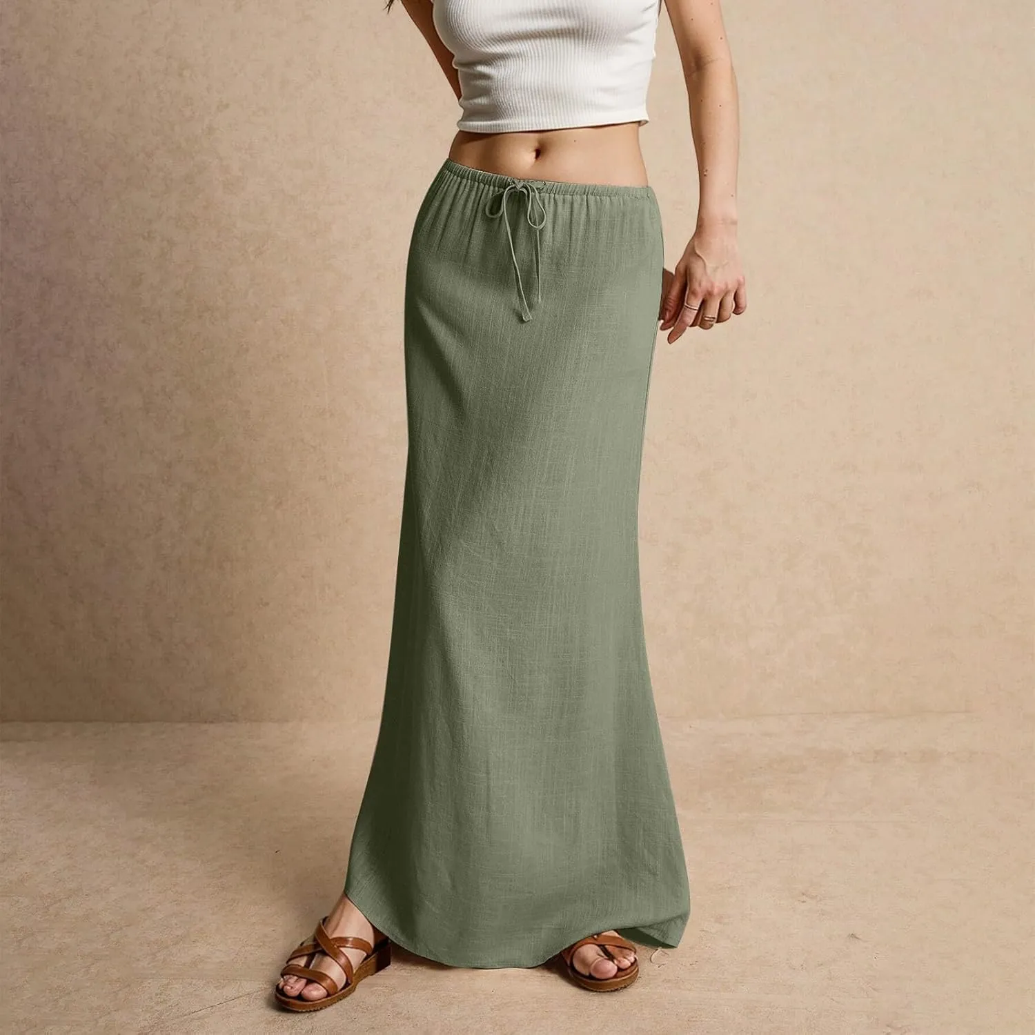 Pencil Skirt for Women Cotton Linen Summer Skirts Trendy Elastic Waist Drawstring Long Skirts for Beach Vacation